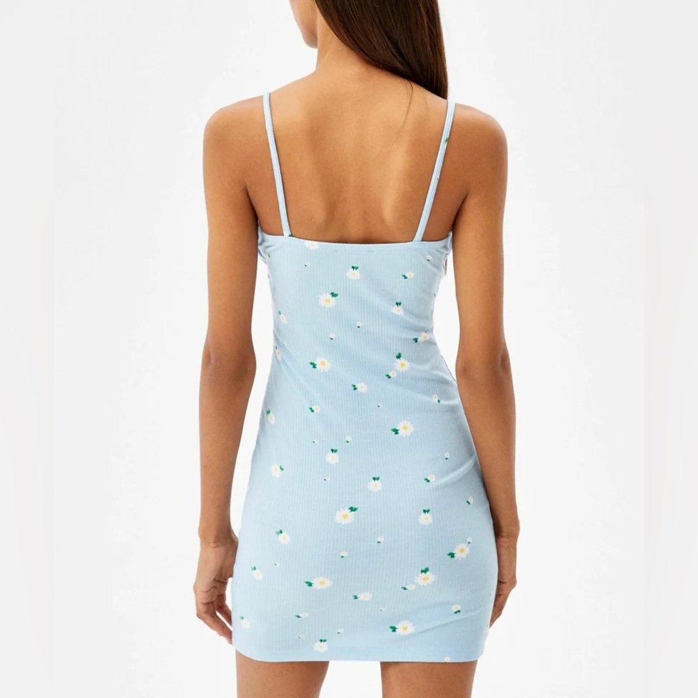 Light Blue Daisy Print Ribbed Mini Dress - Picture 3 of 12